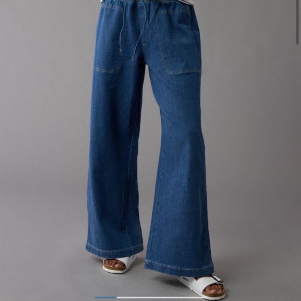 American Eagle Wide Leg Drawstring Jean Women XS Blue Denim Stretch Cotton Linen